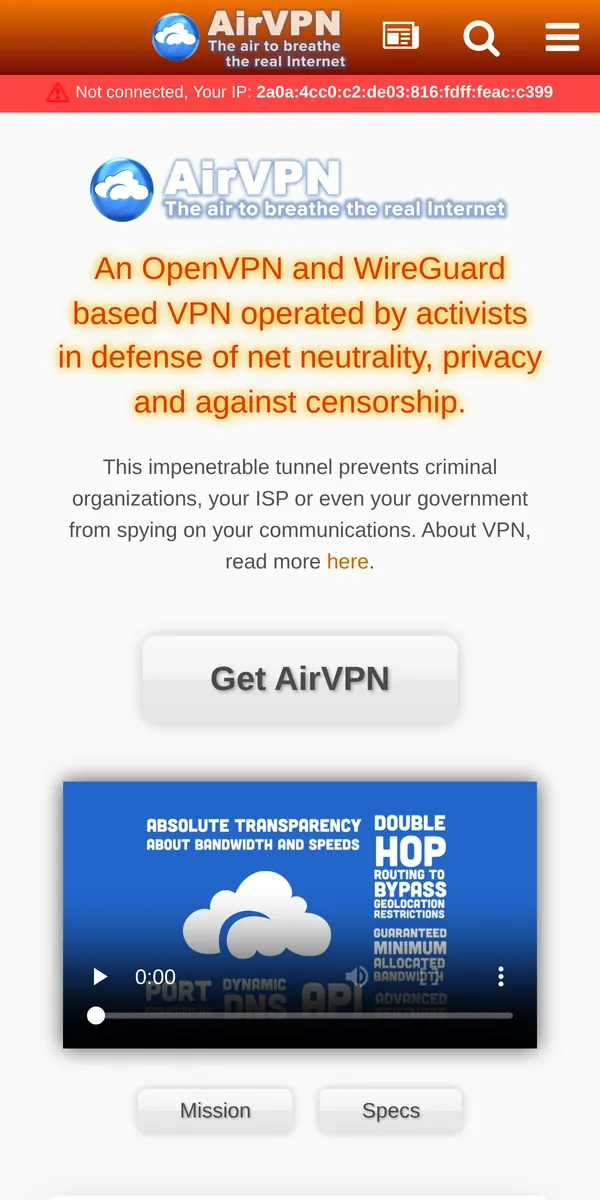 Homepage van AirVPN op mobiel – getest: beste VPN voor België