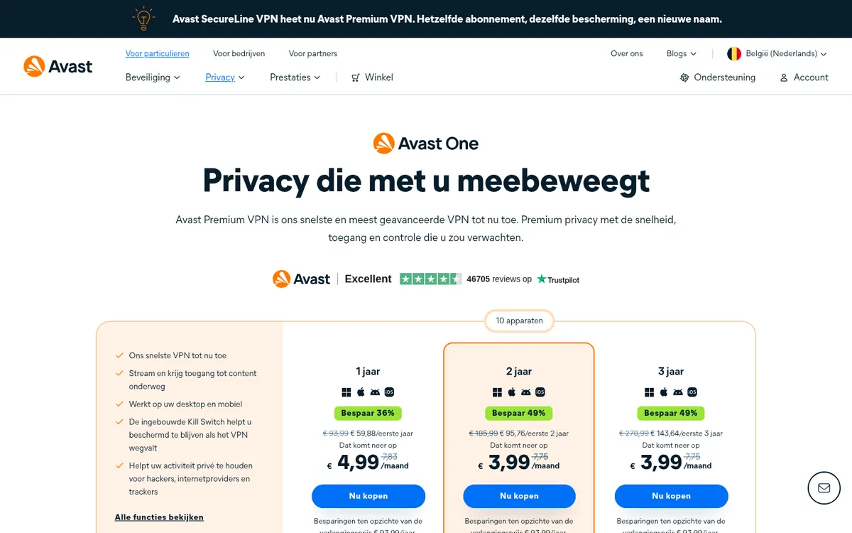 Homepage van Avast Premium VPN op de computer – getest: beste VPN voor België