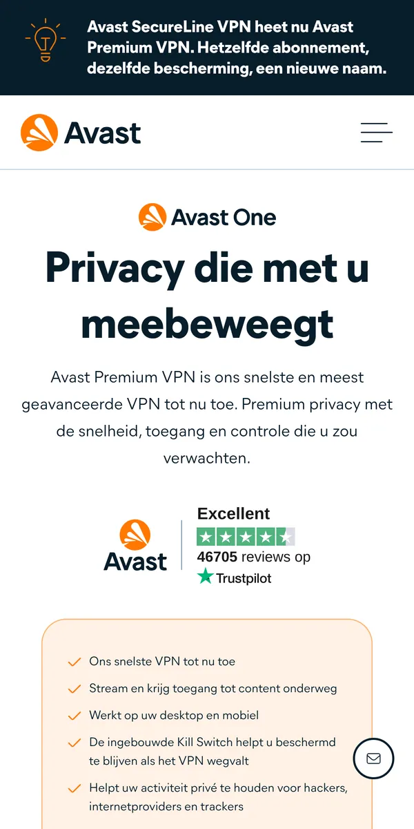 Homepage van Avast Premium VPN op mobiel – getest: beste VPN voor België