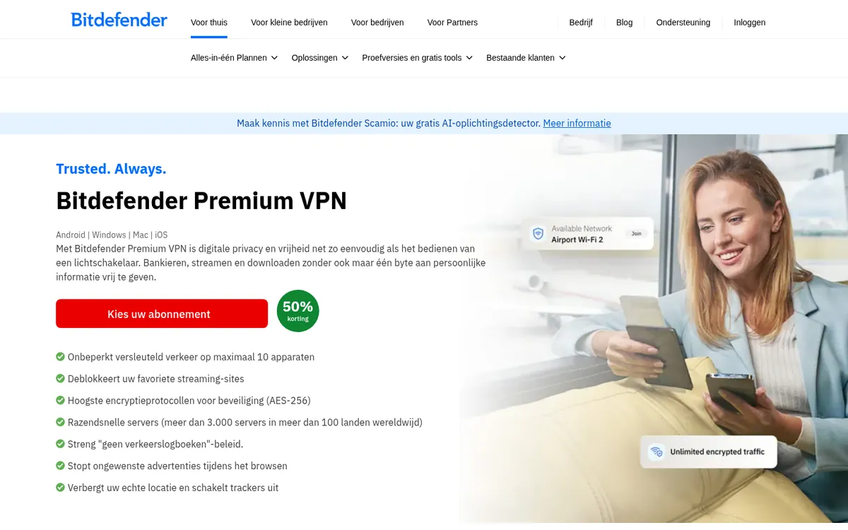 Homepage van Bitdefender VPN op de computer – getest: beste VPN voor België