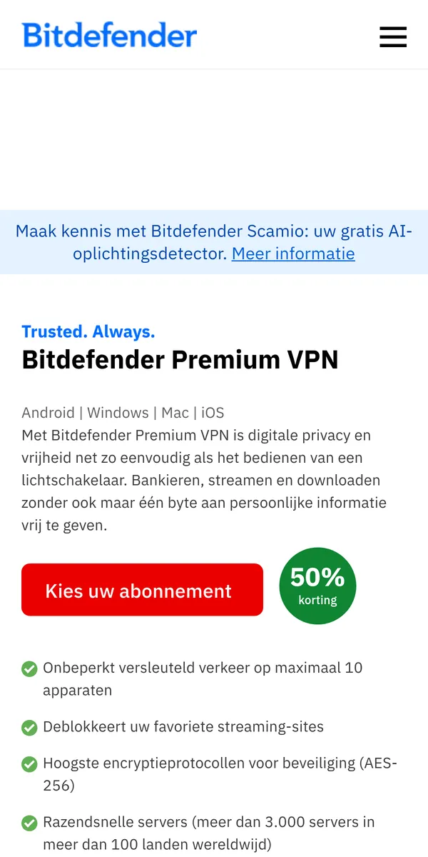 Homepage van Bitdefender VPN op mobiel – getest: beste VPN voor België