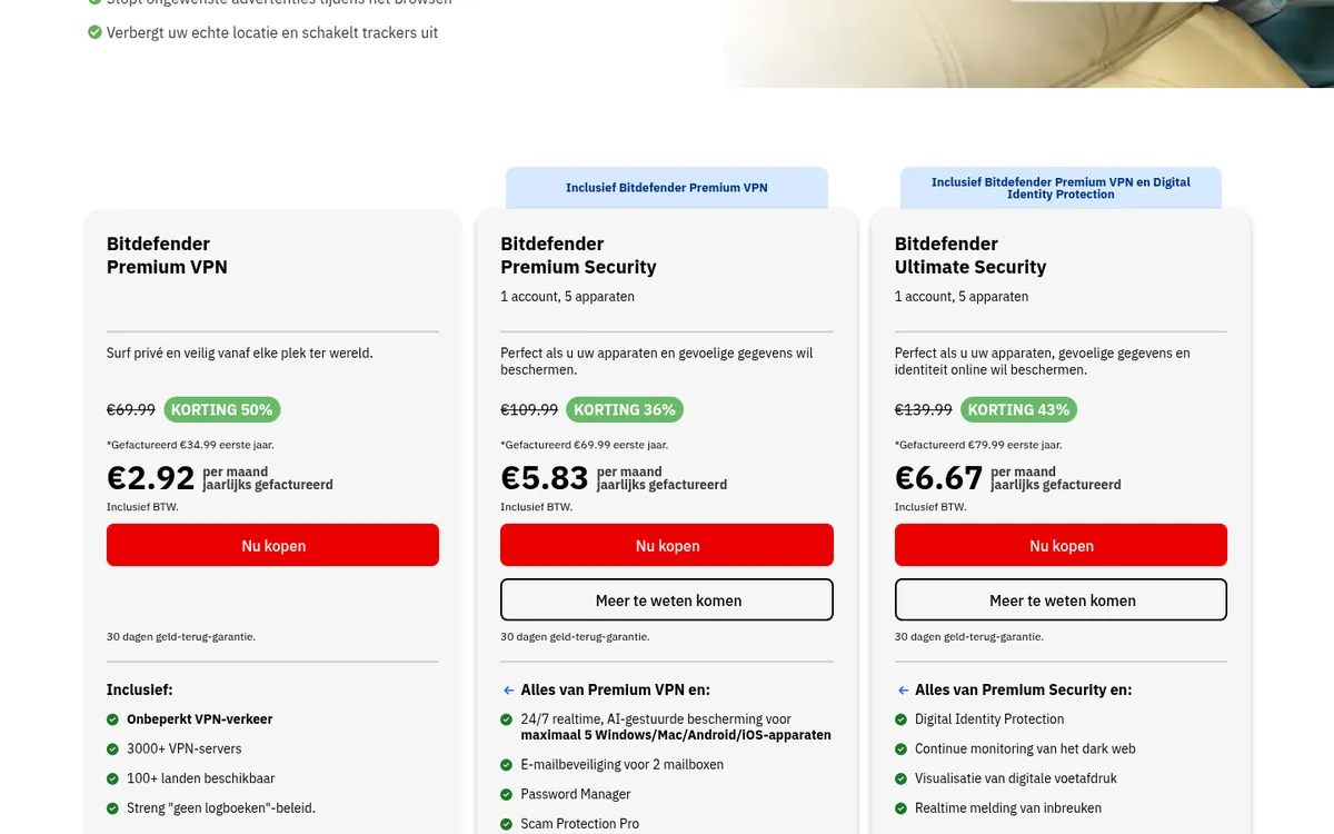 Prijzenpagina van Bitdefender VPN – getest: beste VPN voor België
