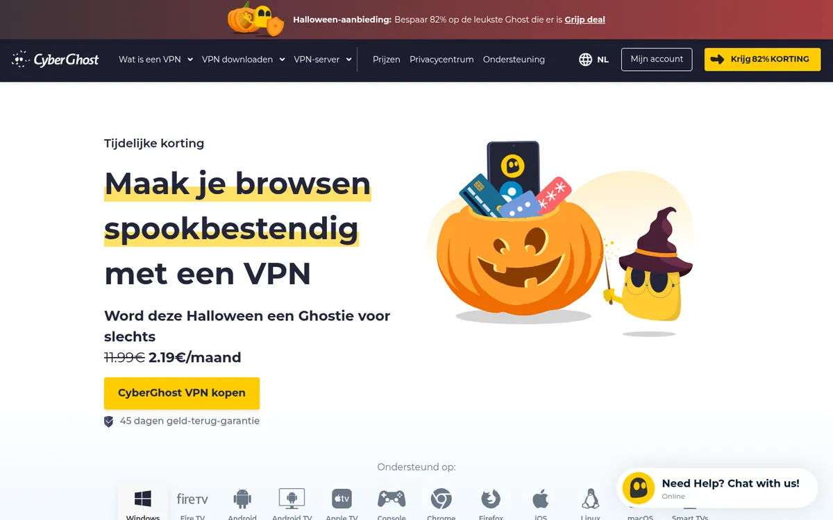 Homepage van CyberGhost, een van de vergeleken diensten, met 45 dagen geld-terug-garantie