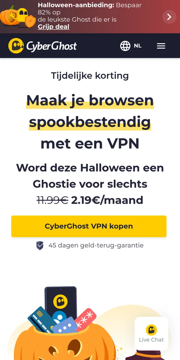 Homepage van CyberGhost op mobiel – getest: beste VPN voor België