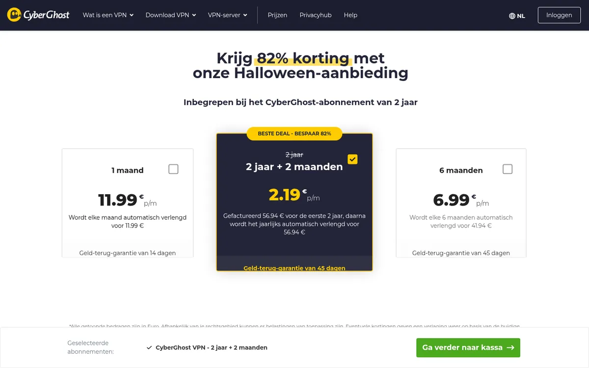 Prijzenpagina van CyberGhost – getest: beste VPN voor België