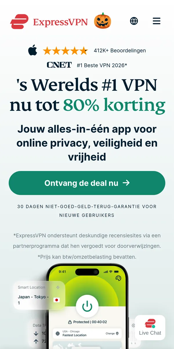Homepage van ExpressVPN op mobiel – getest: beste VPN voor België