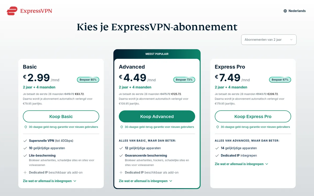 Prijzenpagina van ExpressVPN – getest: beste VPN voor België