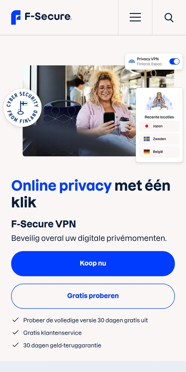 Homepage van F-Secure VPN op mobiel – getest: beste VPN voor België