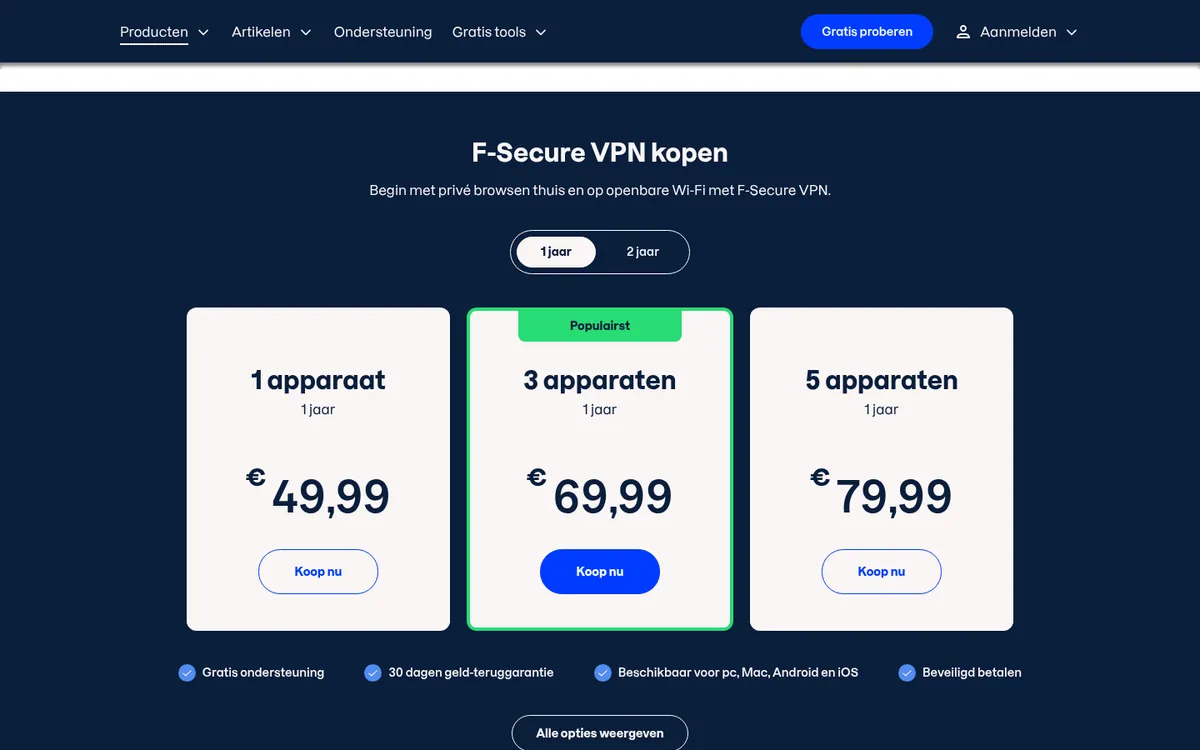 Prijzenpagina van F-Secure VPN – getest: beste VPN voor België