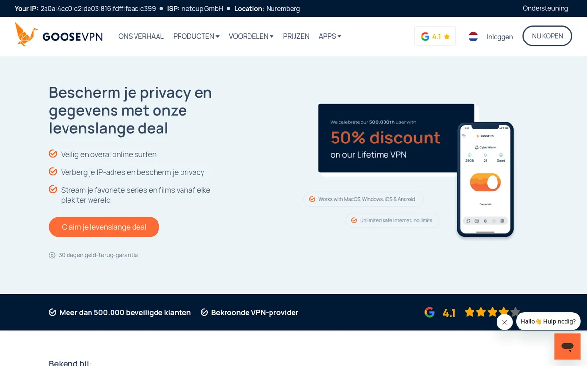 Homepage van Goose VPN op de computer – getest: beste VPN voor België