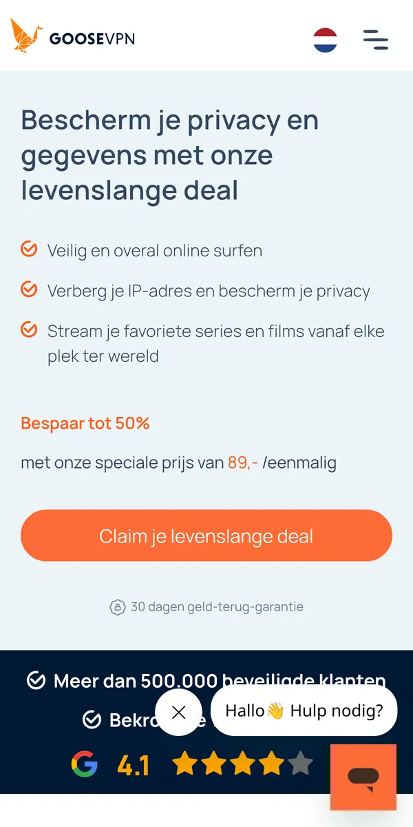Homepage van Goose VPN op mobiel – getest: beste VPN voor België