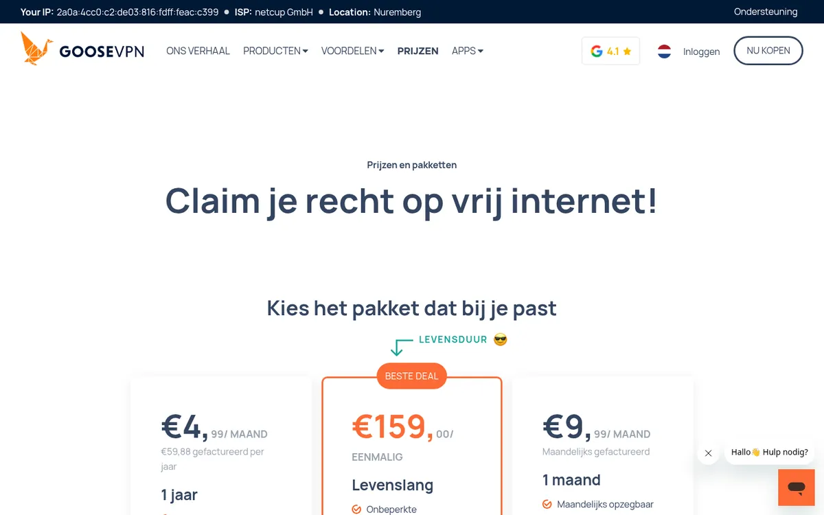 Prijzenpagina van Goose VPN – getest: beste VPN voor België