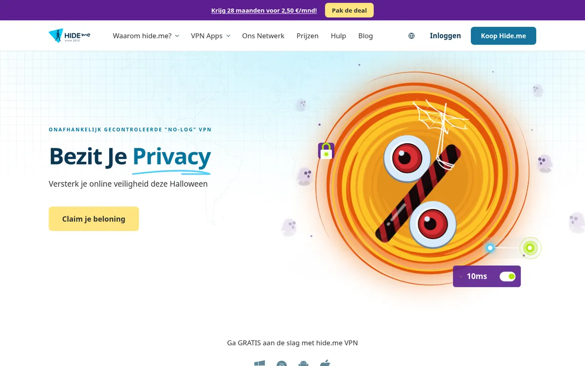 Homepage van hide.me op de computer – getest: beste VPN voor België