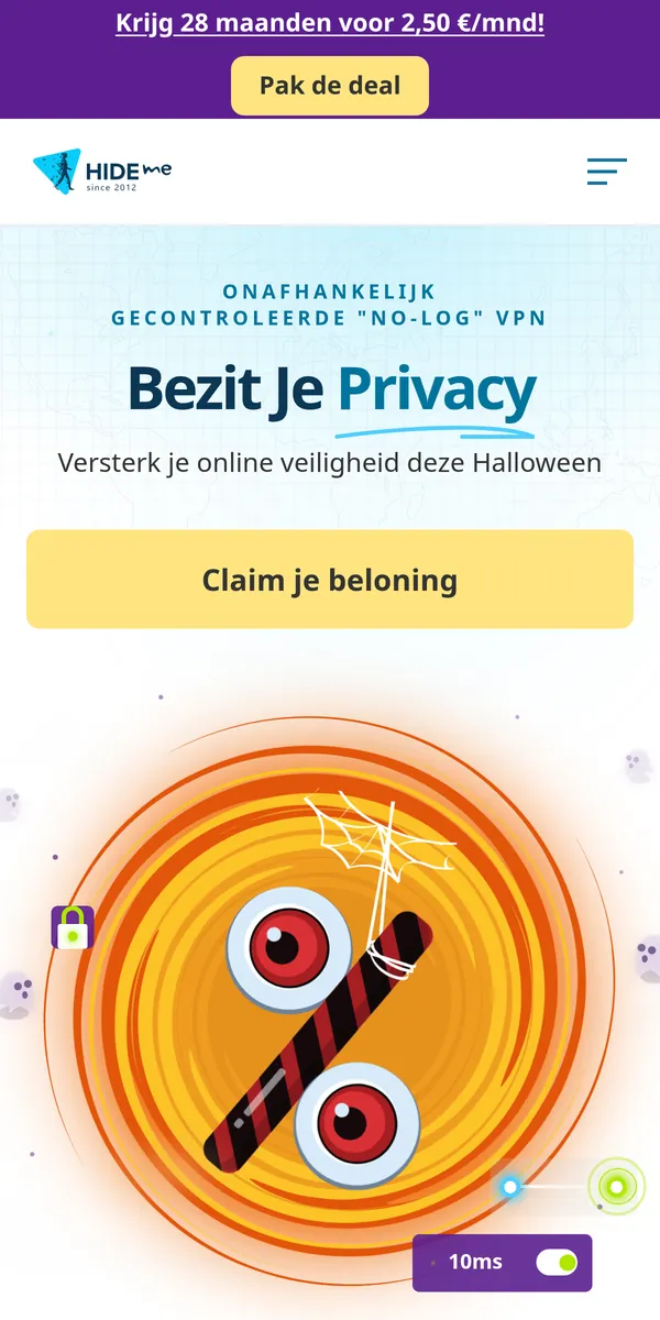Homepage van hide.me op mobiel – getest: beste VPN voor België