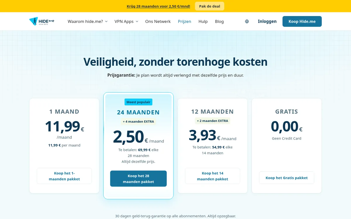 Prijzenpagina van hide.me – getest: beste VPN voor België