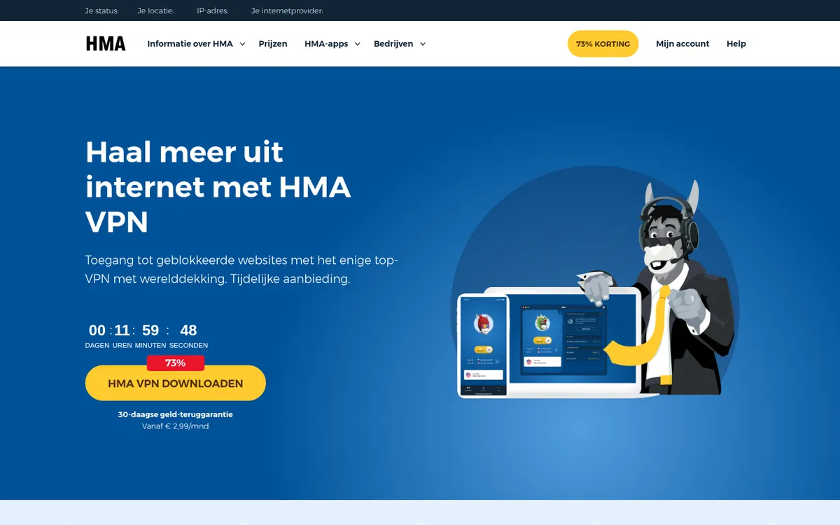 Homepage van HMA op de computer – getest: beste VPN voor België