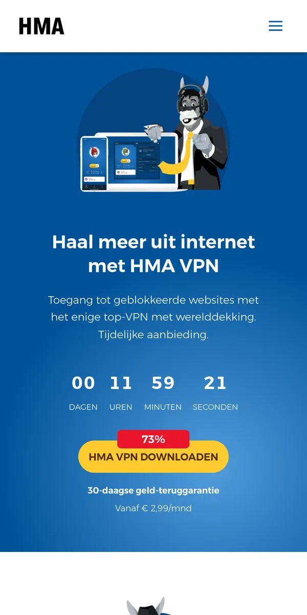 Homepage van HMA op mobiel – getest: beste VPN voor België