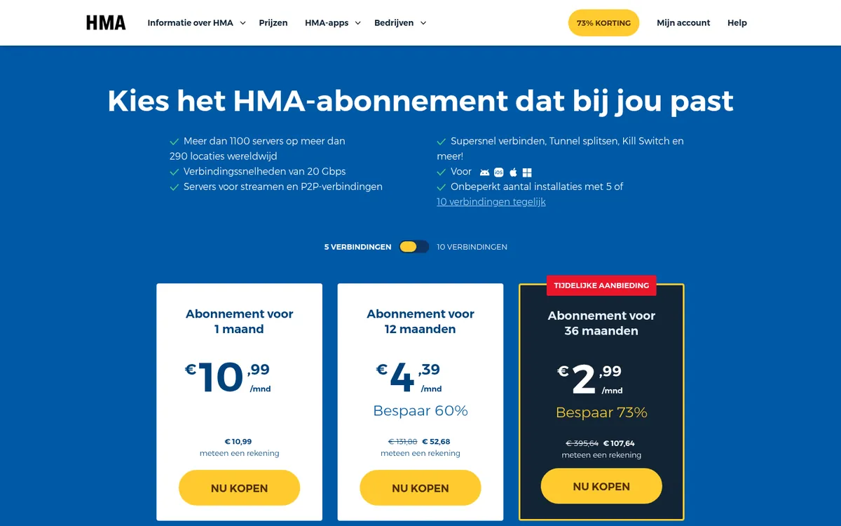 Prijzenpagina van HMA – getest: beste VPN voor België