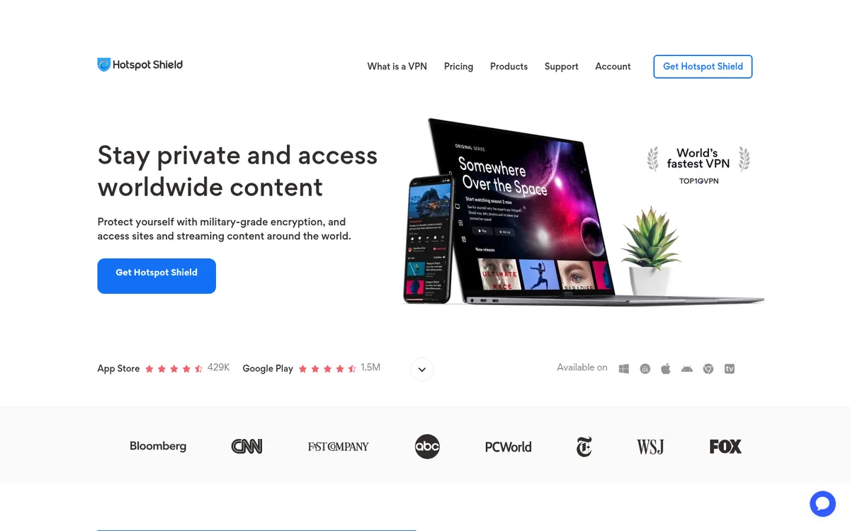 Homepage van Hotspot Shield op de computer – getest: beste VPN voor België