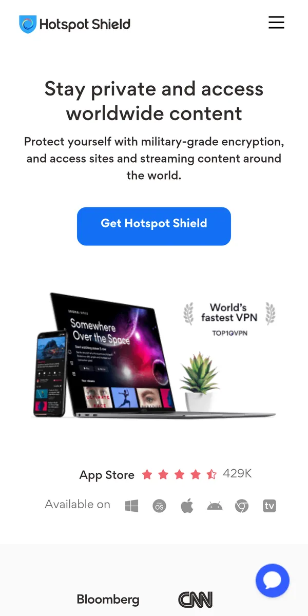 Homepage van Hotspot Shield op mobiel – getest: beste VPN voor België