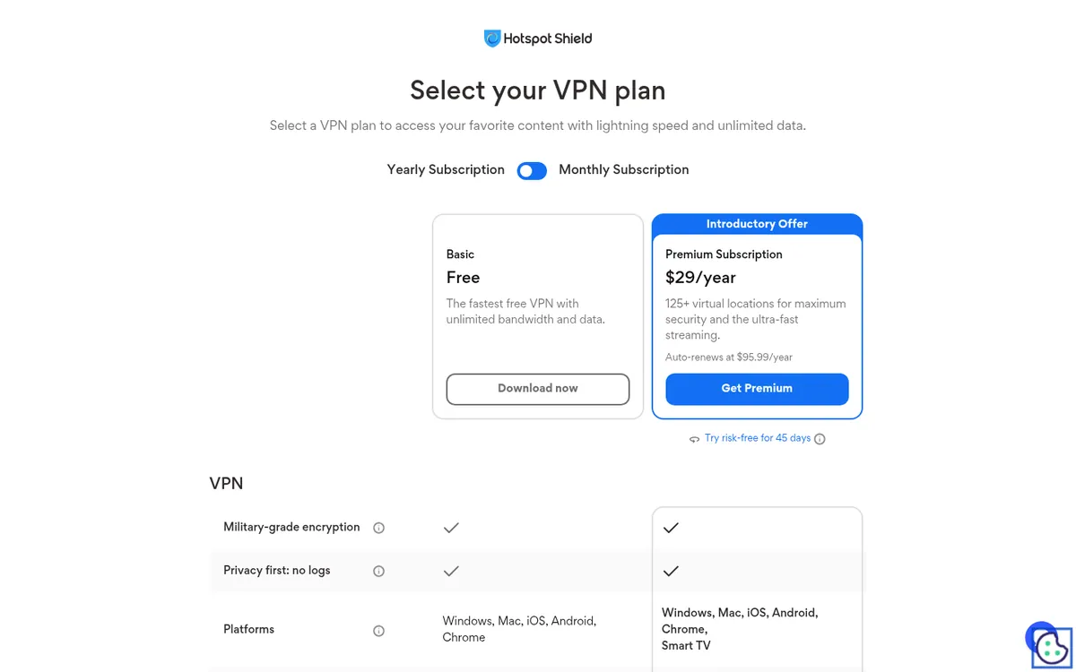 Prijzenpagina van Hotspot Shield – getest: beste VPN voor België