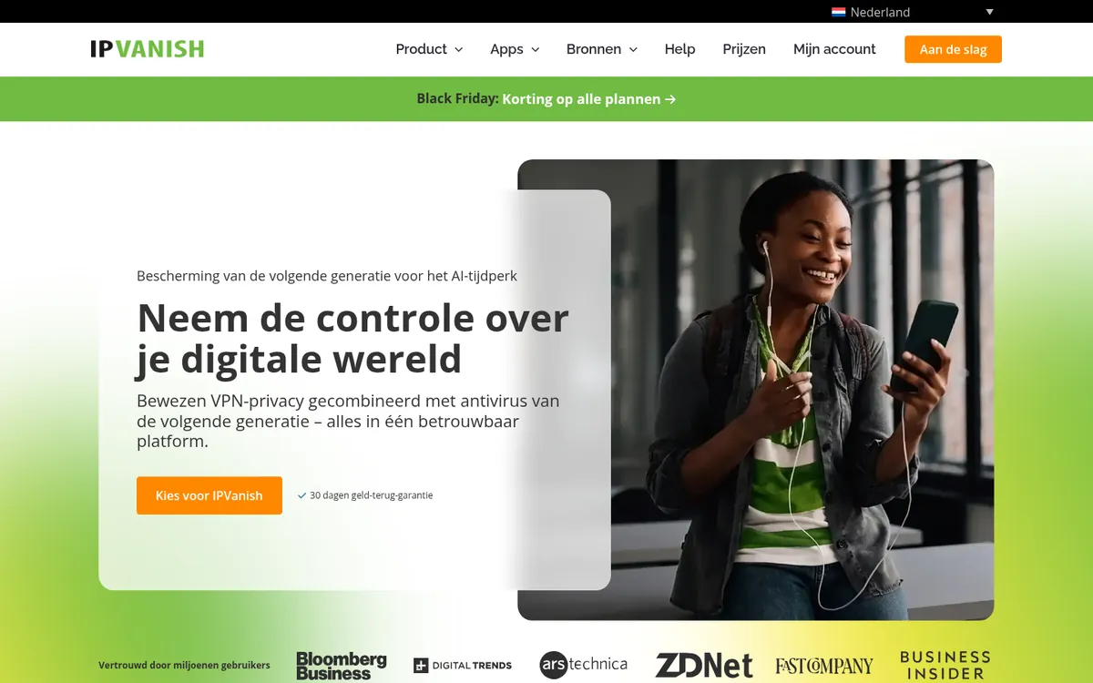 Homepage van IPVanish op de computer – getest: beste VPN voor België