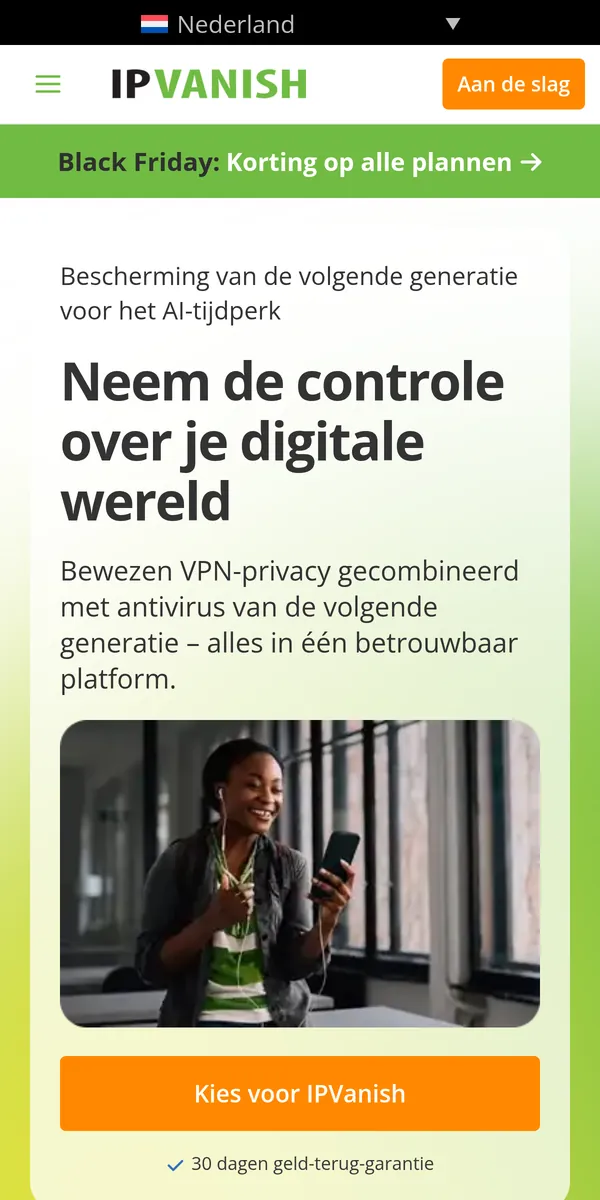 Homepage van IPVanish op mobiel – getest: beste VPN voor België