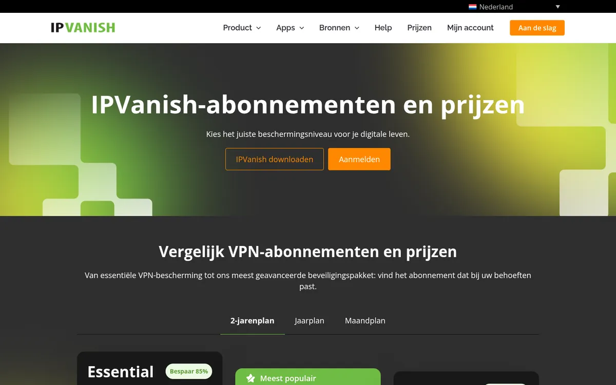 Prijzenpagina van IPVanish – getest: beste VPN voor België