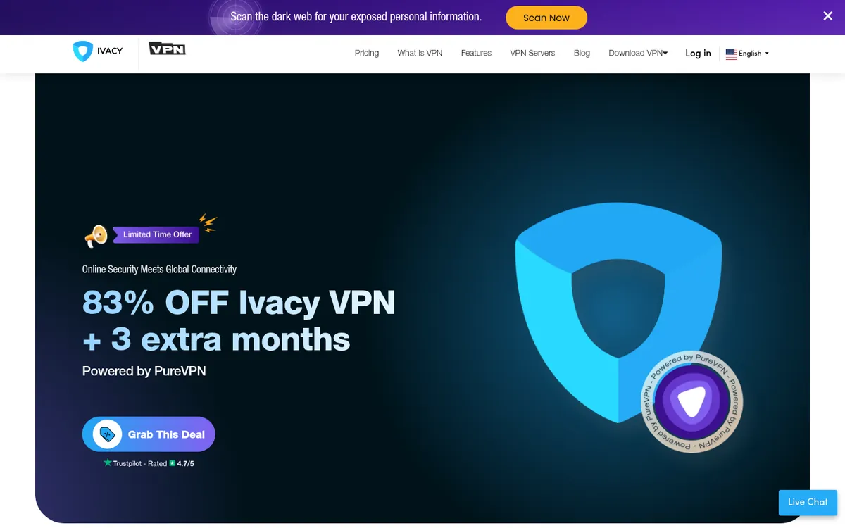 Homepage van Ivacy op de computer – getest: beste VPN voor België