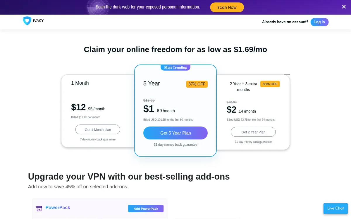 Prijzenpagina van Ivacy – getest: beste VPN voor België