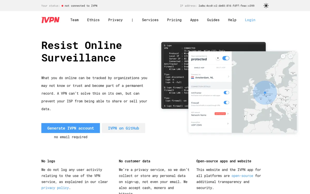 Homepage van IVPN op de computer – getest: beste VPN voor België