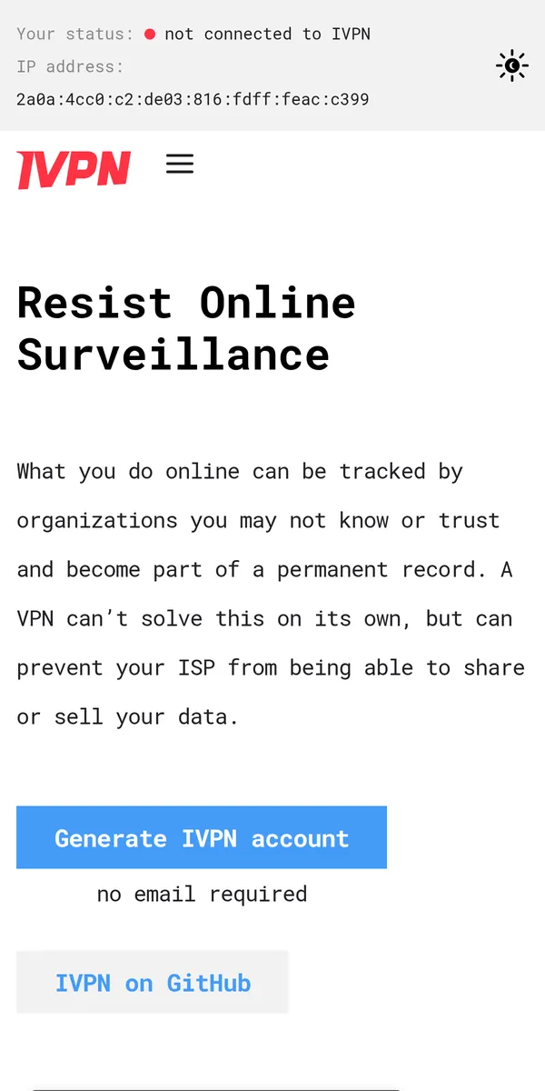 Homepage van IVPN op mobiel – getest: beste VPN voor België