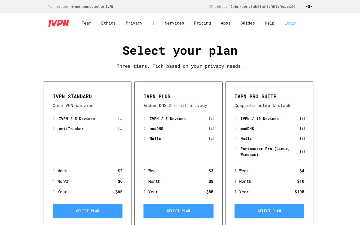 Prijzenpagina van IVPN – getest: beste VPN voor België