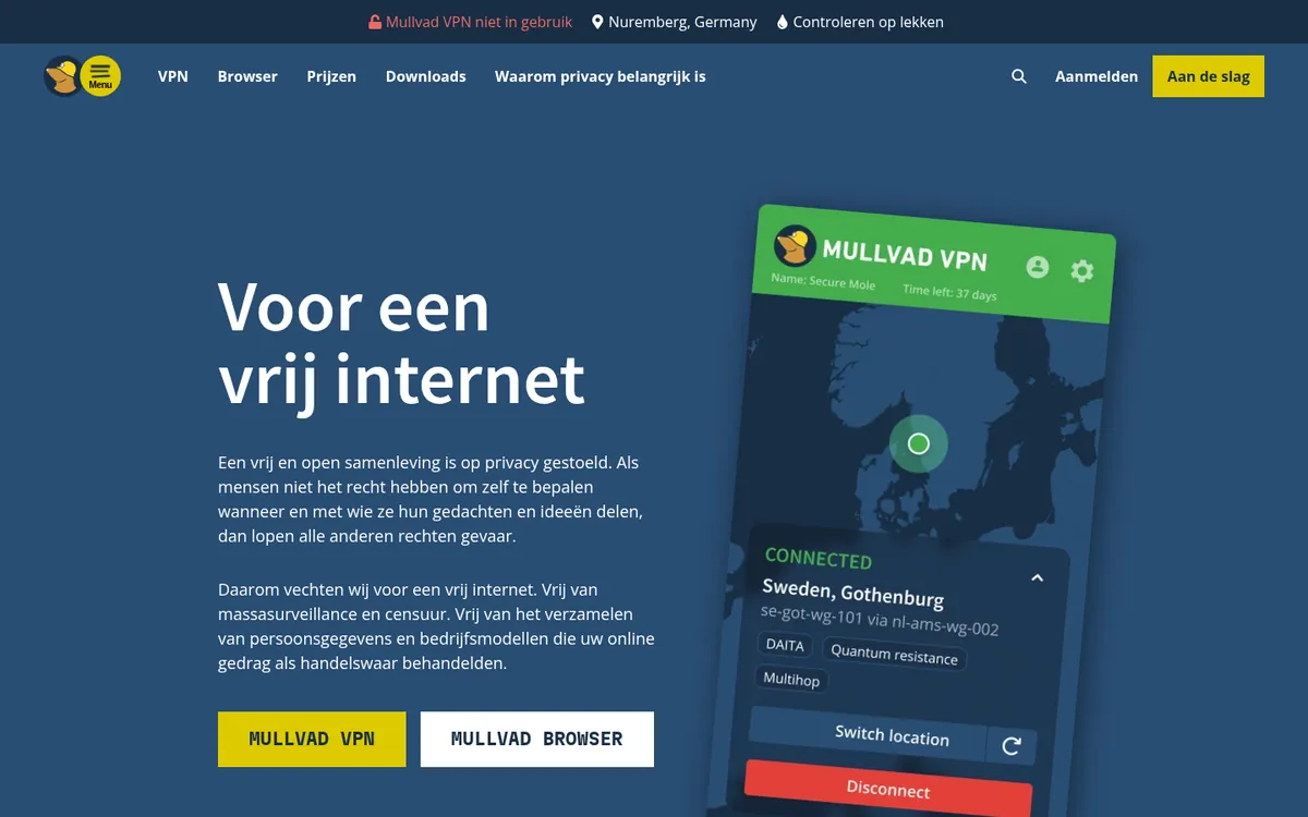 Homepage van Mullvad op de computer – getest: beste VPN voor België