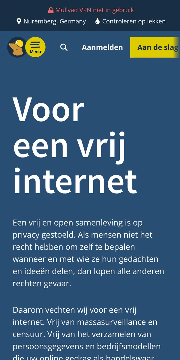 Homepage van Mullvad op mobiel – getest: beste VPN voor België