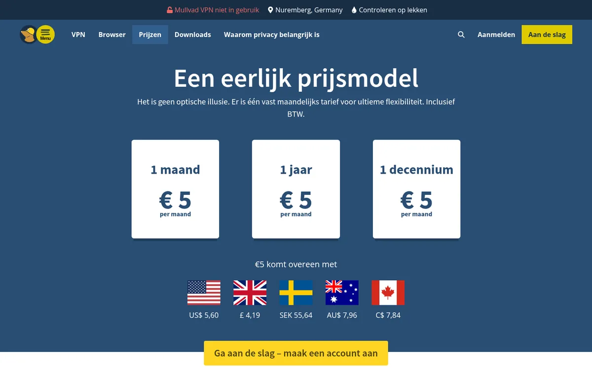 Prijzenpagina van Mullvad – getest: beste VPN voor België