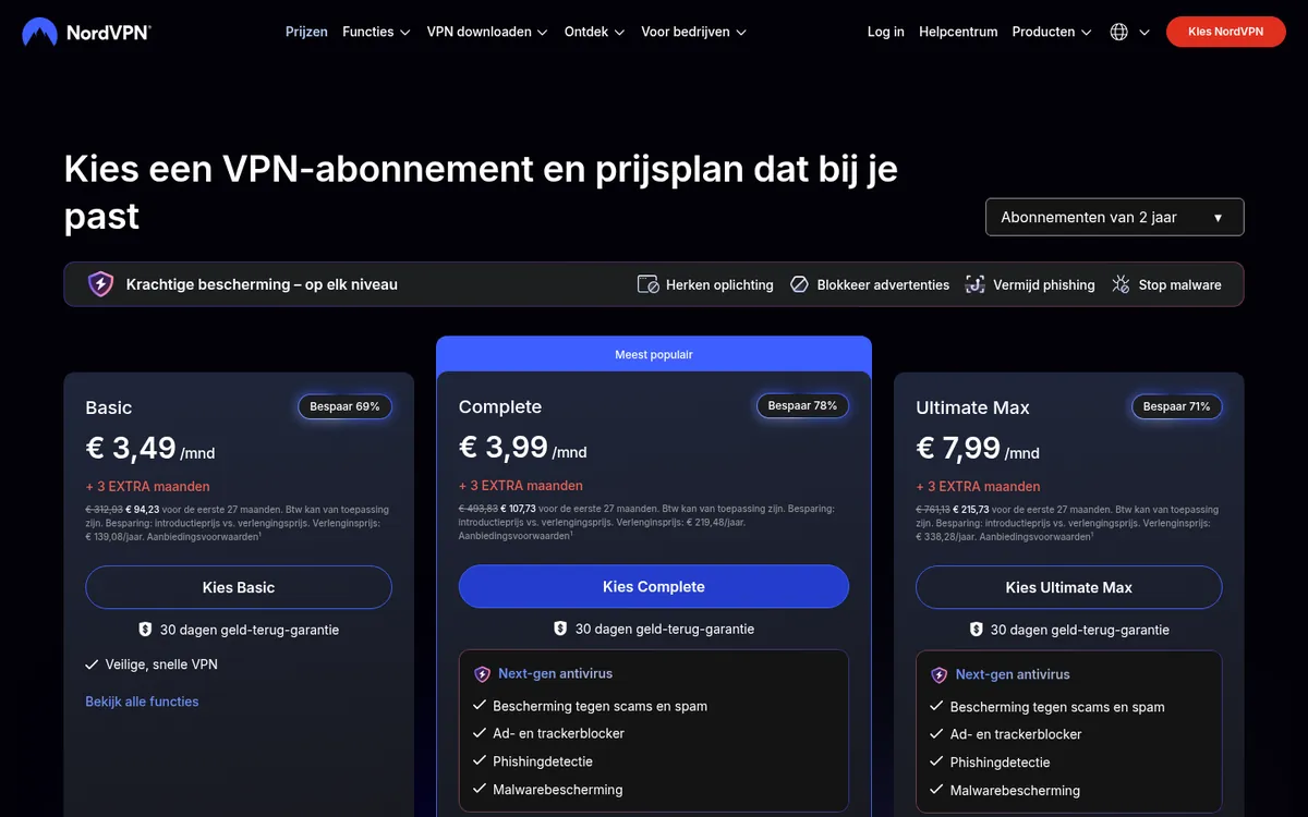 Prijzenpagina van NordVPN – getest: beste VPN voor België