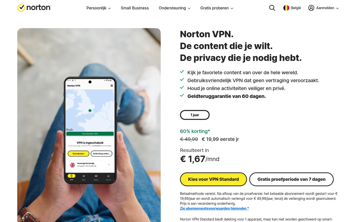 Homepage van Norton VPN op de computer – getest: beste VPN voor België