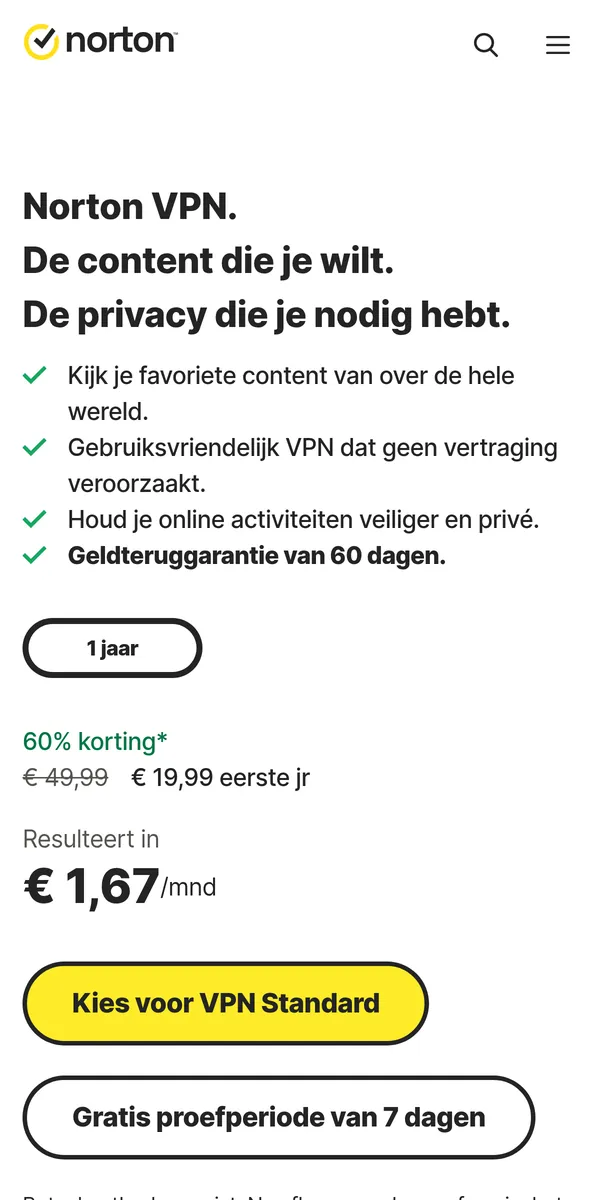 Homepage van Norton VPN op mobiel – getest: beste VPN voor België