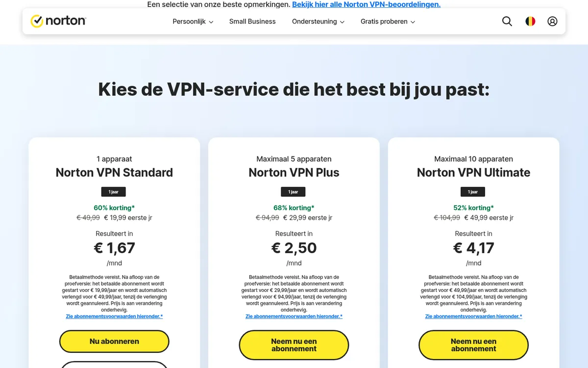 Prijzenpagina van Norton VPN – getest: beste VPN voor België