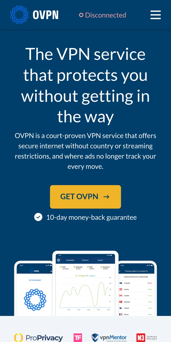 Homepage van OVPN op mobiel – getest: beste VPN voor België