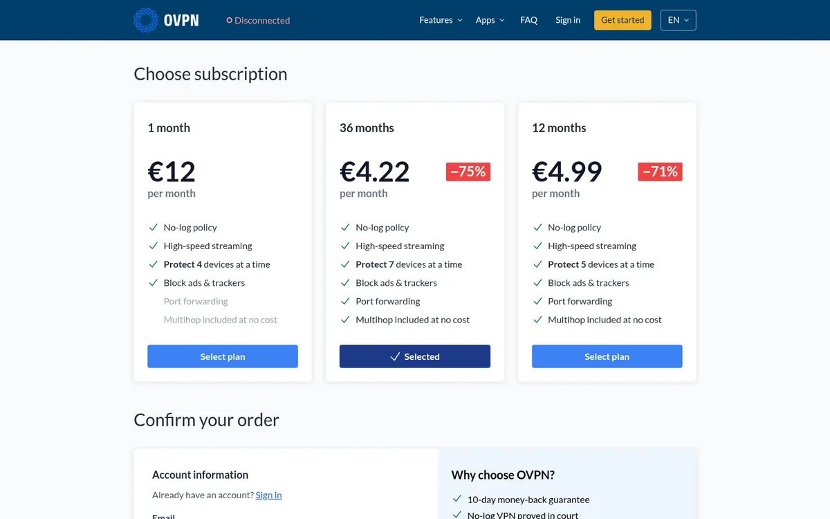 Prijzenpagina van OVPN – getest: beste VPN voor België