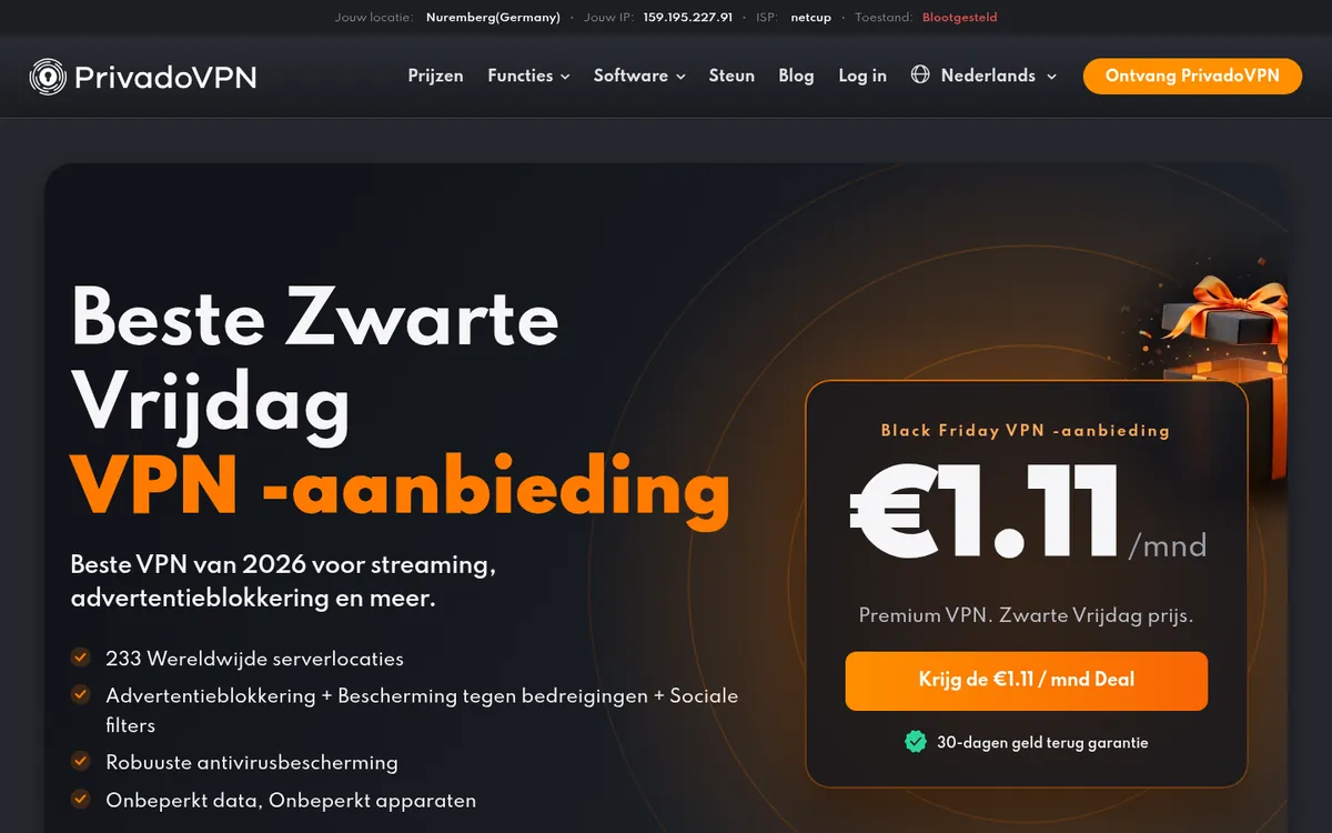 Homepage van PrivadoVPN op de computer – getest: beste VPN voor België