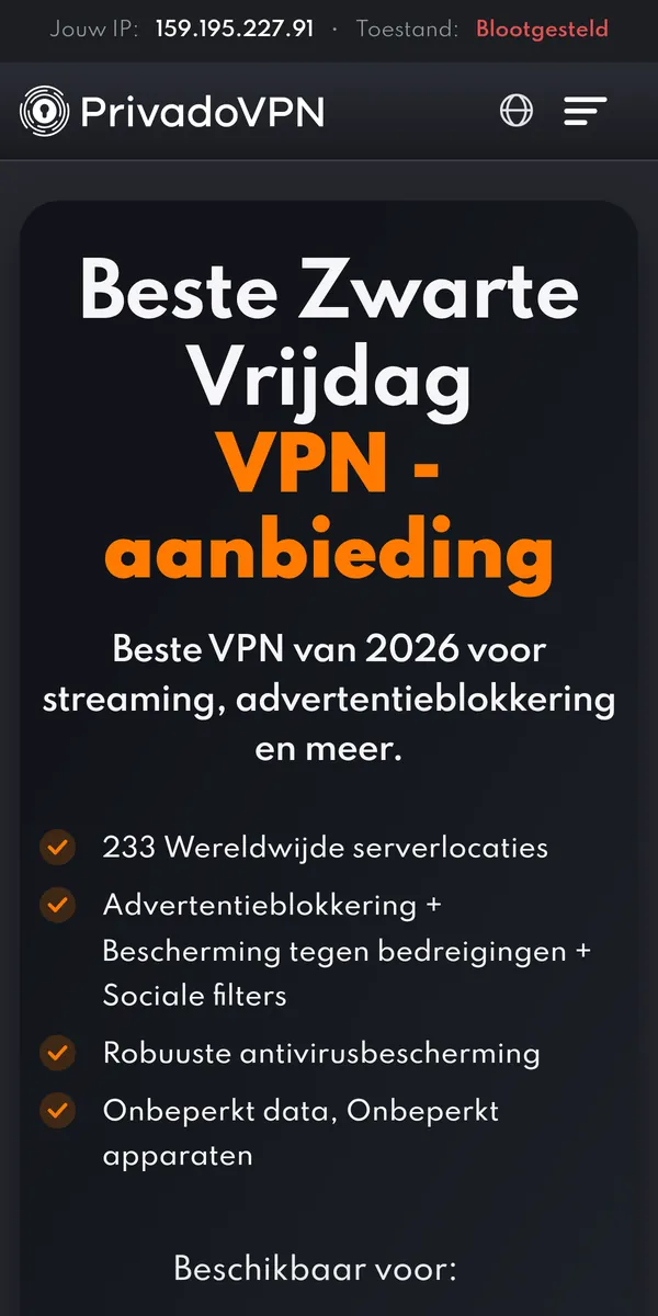 Homepage van PrivadoVPN op mobiel – getest: beste VPN voor België