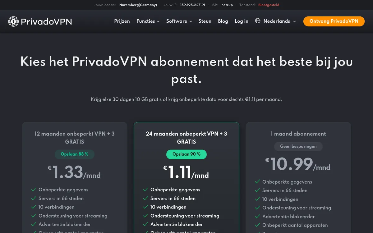 Prijzenpagina van PrivadoVPN – getest: beste VPN voor België