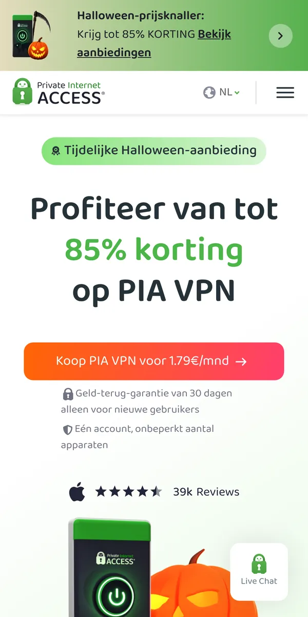 Homepage van Private Internet Access op mobiel – getest: beste VPN voor België