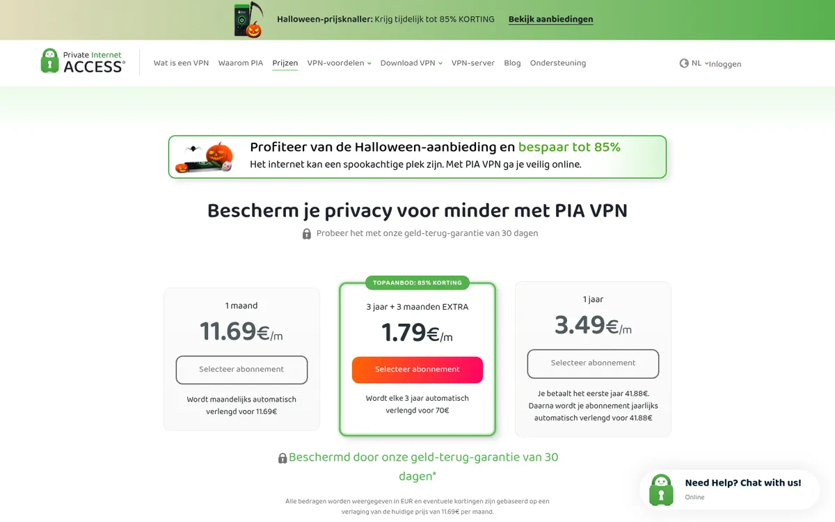 Prijzenpagina van Private Internet Access – getest: beste VPN voor België