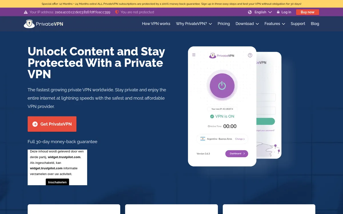 Homepage van PrivateVPN op de computer – getest: beste VPN voor België