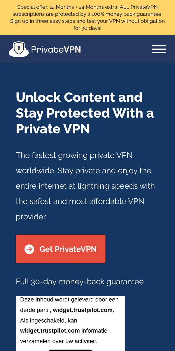 Homepage van PrivateVPN op mobiel – getest: beste VPN voor België