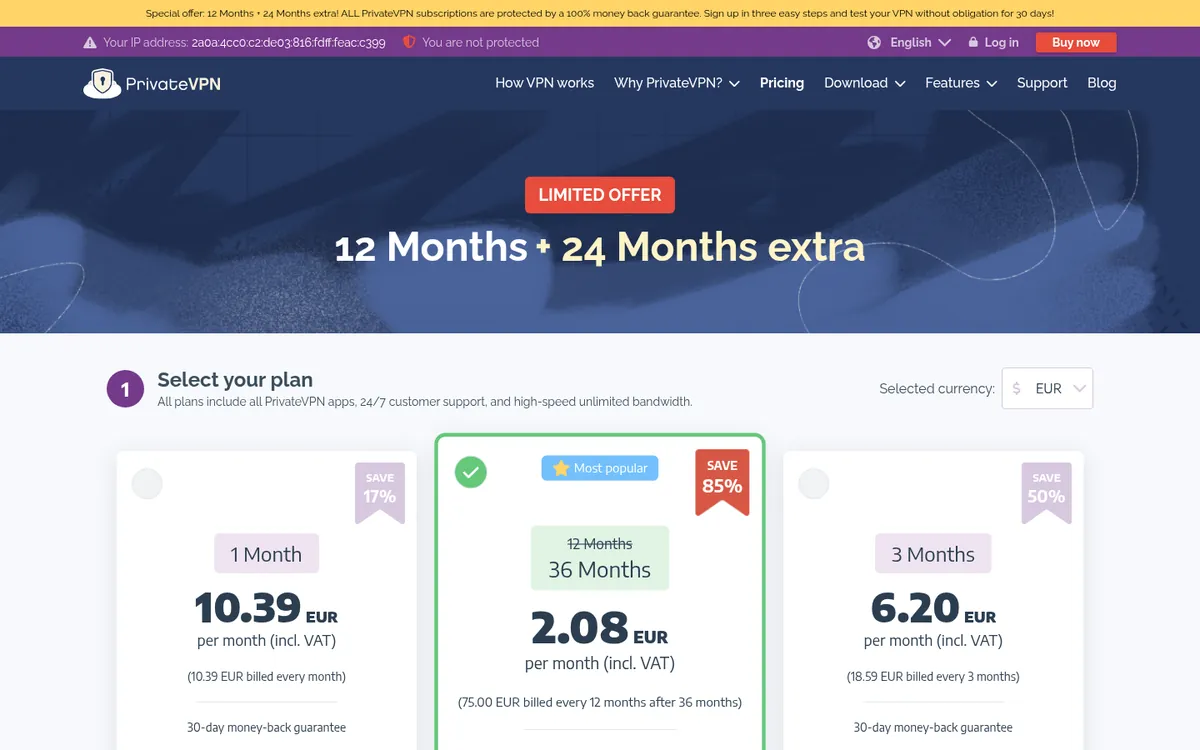 Prijzenpagina van PrivateVPN – getest: beste VPN voor België